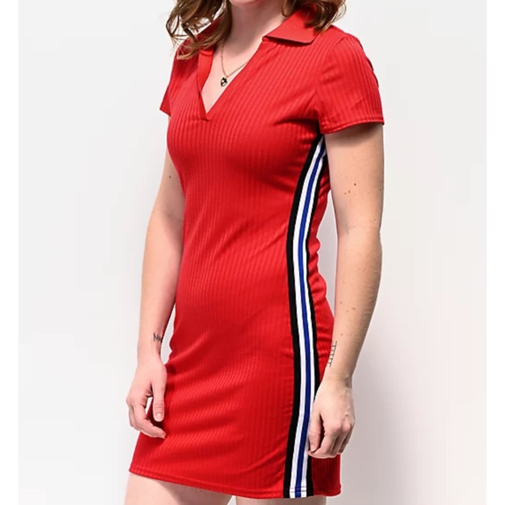 Red Ribbed Polo short sleeve Dress